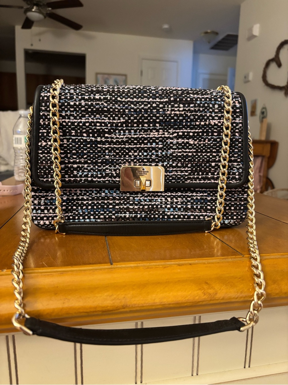 kate spade Black and Pink Tweed Chain Shoulder Bag with Gold Hardware